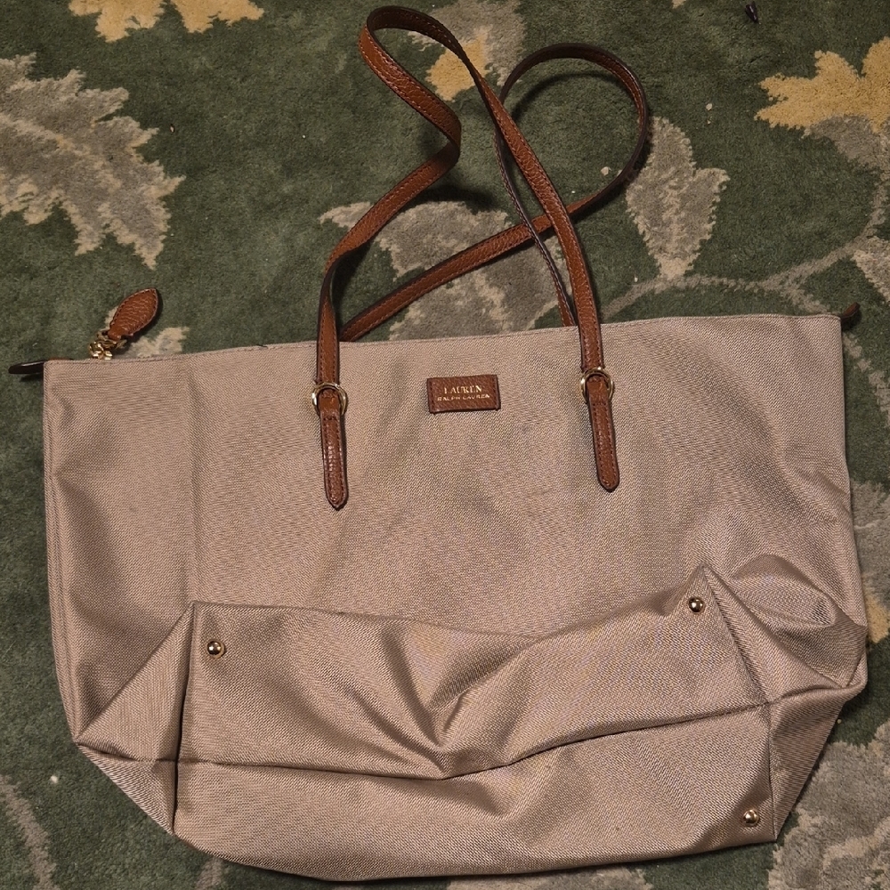 Polo by Ralph Lauren Nylon Beige Tote with Brown Leather Trim